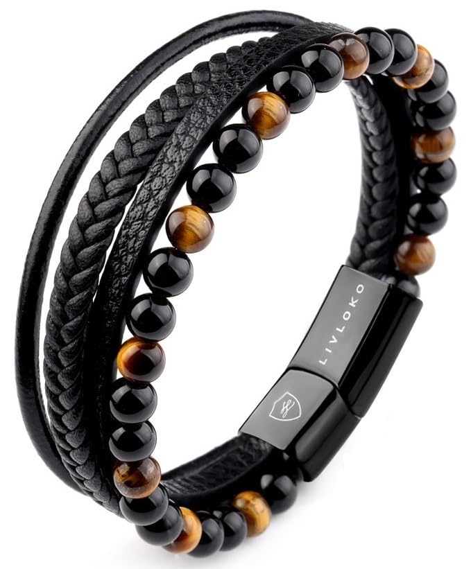 LONDON Mens Bracelet Leather Black Multi-Layer Stone Beads Magnetic Adjutable Steel Clasp Viking Rope Bands Surfer Man Wristband Male UK Jewellery Gift box Boyfriend Dad Son Brother Tiger Eye