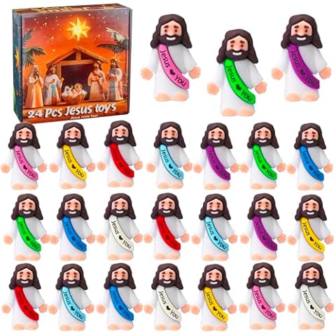 Cherislpy 24 Pcs Jesus Toys Mini Rubber Little Jesus Figurine to Hide and Seek Religious Sunday School Gifts for Kids Girls Boys Party Favors School Baptism Stuffers Cover