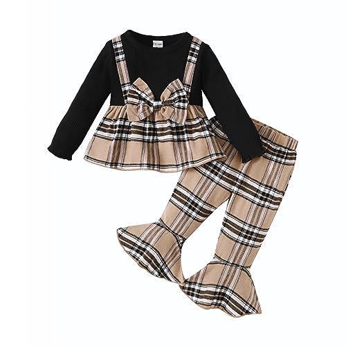 Image of YOUNGER TREE Baby Girl Clothes Toddler Girl Plaid Bow Outfit Ruffle Sleeve Shirt Plaid Bell-Bottoms Pant Set Fall Winter Clothing(Yellow 6-12 Months)