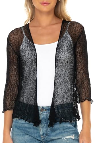 SHU-SHI Womens Sheer Shrug Tie Top Cardigan Lightweight Knit,Black,One Size