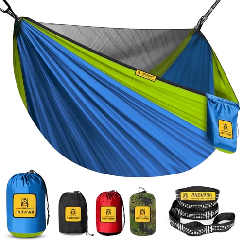 Image of Small Camping Hammock with Mosquito Net, 450 lbs Portable Hammock with Tree Straps, 2-in-1 Double /Single Travel Hammocks, Hammock for Outside /Indoor /Backpacking /Beach - Lake Blue & Green