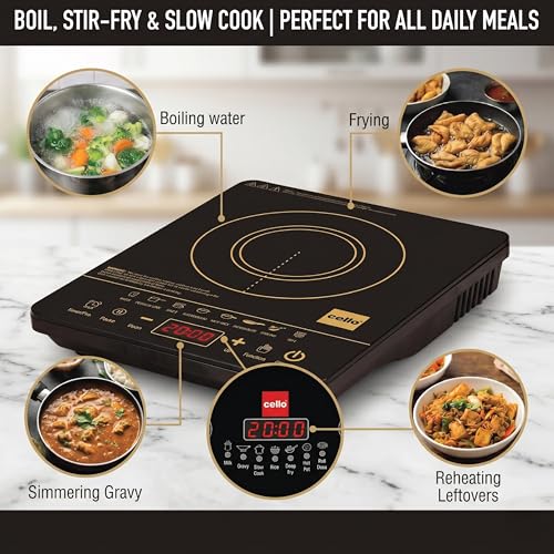 Image of CELLO Blazing Prime Induction Cooktop Stove 2100 Watts Black | Crystal Glass Top Plate, Smart Touch Control, 7 Preset Menu, Smart Pause Function & Over Heat Protection, Easy to Clean | 1 Year Warranty