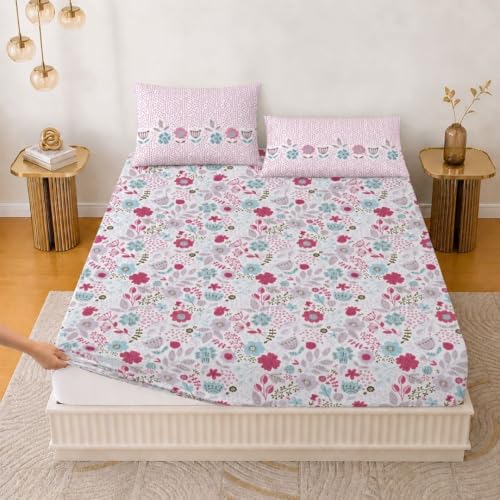 Image of Jaipur Weaves King Size Elastic Fitted Bedsheet, 100% Pure Cotton King Size Fitted Bedsheet for Double Bed with 2 Pillow Covers, 240 TC, 72x78 Inches up to 8-inch Mattress, Floral (Pink Harmony)