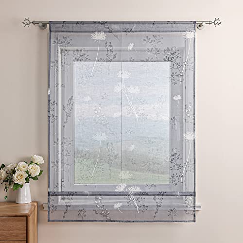 Delien Roman Blind Linen Look Transparent Roller Blinds Country House Kitchen Curtain Modern Roman Curtain with Floral Print "Dandelion" Ribbon Blind for Small Windows with Drawstring W x H 80 x 140 - Image 2