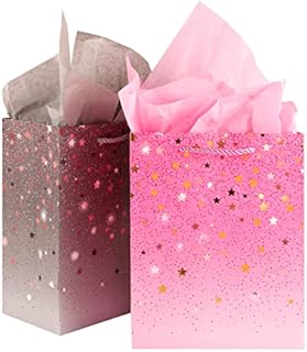 2 Pack Gift Bag, Medium Size Present Bag with 4 Tissue Paper Gift Bags for Birthday Party 18 X 23 X 10 cm (Pink, Grey)
