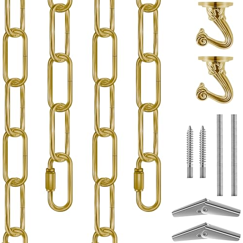 Image of 12 Ft Heavy Duty Hanging Chain Kit (Brass) | with Connection Locks & Swag Ceiling Hooks for Lighting Fixture, Pendant, Lantern, Swag Lamp, Plant Basket, Bird Feeder