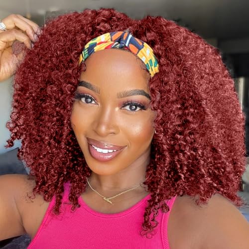Image of XSY Headband Wig Human Hair Kinky Curly 99J Burgundy Headband Wigs for Black Women Deep Curly Human Hair Wigs None Lace Front Wig 150% Density 16 Inch