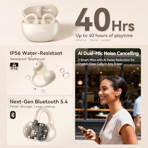 Image of Kinglucky Upgraded Clip-On Earbuds, Beige | Bluetooth 5.4, 40H Playtime, Open Ear Design, Ideal for Small Ears, Sports & Workouts