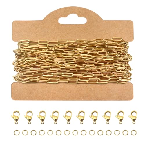TOAOB Chaine de Trombone de 5m 3x9mm Chaîne en Acier Inoxydable Doré pour Création Bijoux avec 10pcs Fermoirs et 30pcs Anneaux Ouverts pour Fabrication De...