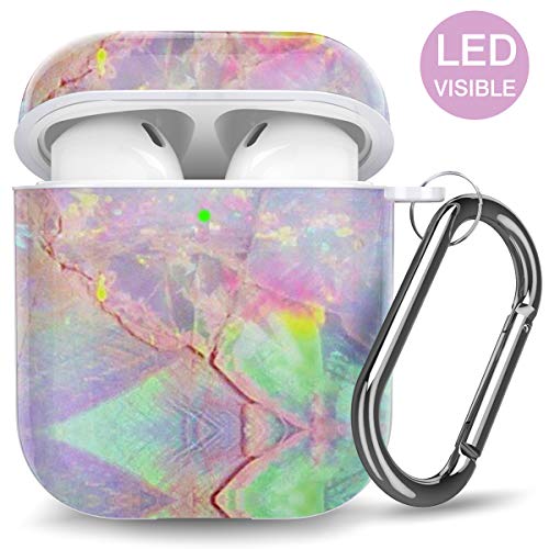 HUMENN Funda Protectora Compatible con Airpods 1 y 2 Funda, Funda Protectoras de TPU con Estampado Floral, Alimentado por Carga Inalámbrica, con Mosquetón, Mármol Colorido