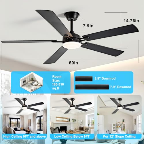 Image of Depuley 60-inch Ceiling Fan with Light: Black Ceiling Fan for Living Room Indoor - Modern Ceiling Fan with Remote Control 3CCT Dimmable Noiseless 5 Reversible Walnut Blades 6 Speeds Timer