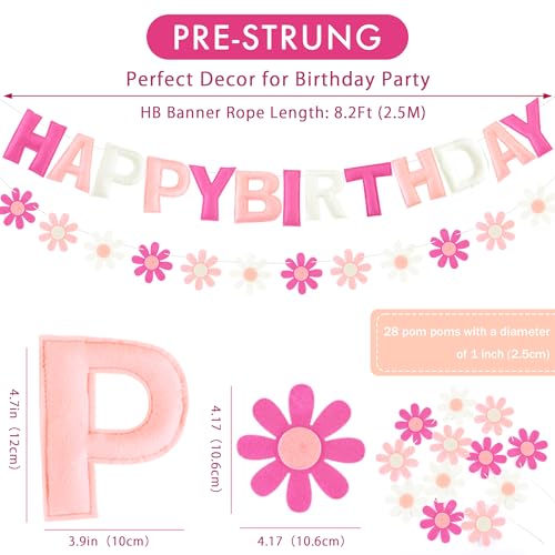 Image of CANREVEL Pre-Strung 3D Happy Birthday Banner, 3 PCS Happy Birthday Felt Garland, Pom Pom Garland, Triangle Fabric Garland Bunting, Reusable Birthday Decorations for Women Men Girls Boys, Pink Flower