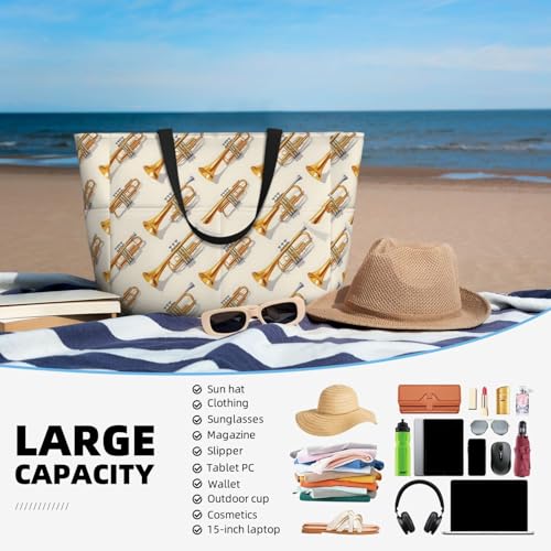 Large Beach Bags for Women Sandproof - Gold Trumpet Print Summer Work Travel Tote Bags with Zipper4
