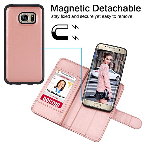 Till For Samsung Galaxy S7 Edge Case, Till Samsung Galaxy S7 Edge [Pu Leather] Flip Wallet Case [Cash & Card Slot Holder] [Kickstand] Detachable Magnetic Folio Protective Case Cover [Rose Gold] #TOP4