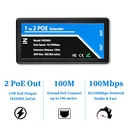 Image of Revotech 2 Port POE Extender POE+ Repeater 100 Meters(328 ft) Extender 1 in 2 Out Comply IEEE 802.3af /at Standard 10,100Mbps for Security POE Camera Over Cat5 /Cat6 or UTP Cables(POE5003)