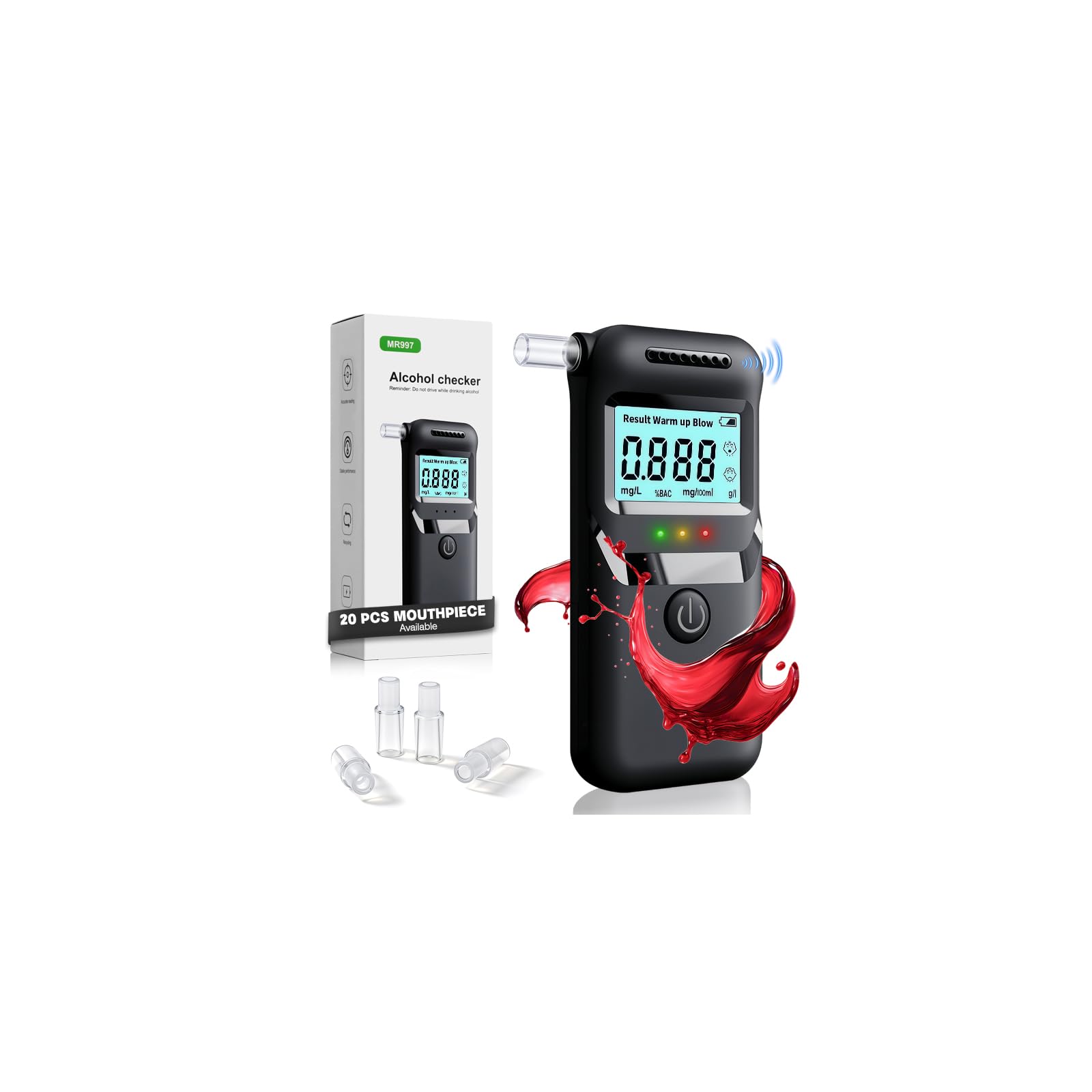 Alcoholimetro Homologado DGT, Test Alcoholemia con Pantalla LCD y 20 Boquillas, con Sensor Rápido, Alcoholímetro Portátil, Alcohol Test de Alta Precisión para Familia Partido