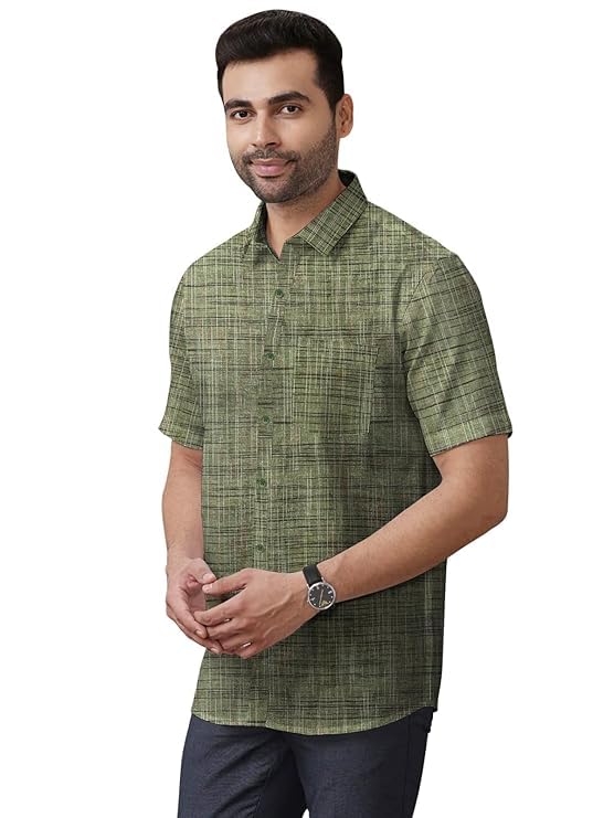 Men Khadie Cotton Half Sleeves Striped Collar Neck Casaul Shirts-picture-38