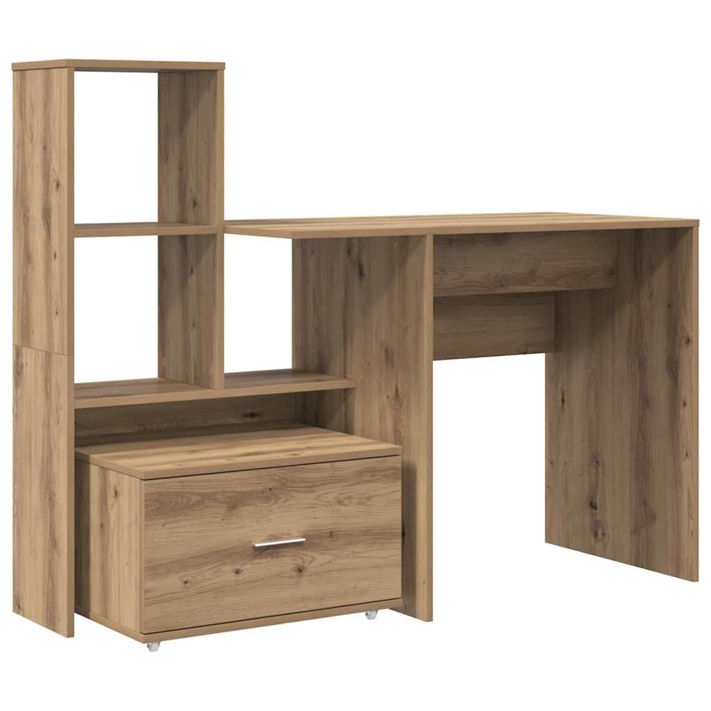 Scrivania in rovere Artisan, 131,5 x 50 x 106,5 cm, con cassetti e mensola, design flessibile, per ufficio e casa, moderna scrivania da ufficio per studenti e tavolo da lavoro