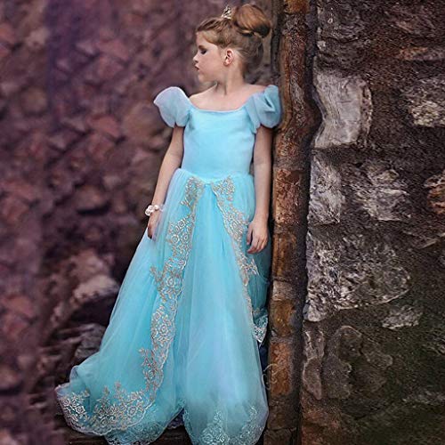 Fancy Dress Kids Girls Off Shoulder Puff Sleeve Princess Costume Pageant Cosplay Party Dress Up Clothes for Little Girl (Blue, 3-4 Years) - Thumbnail 6