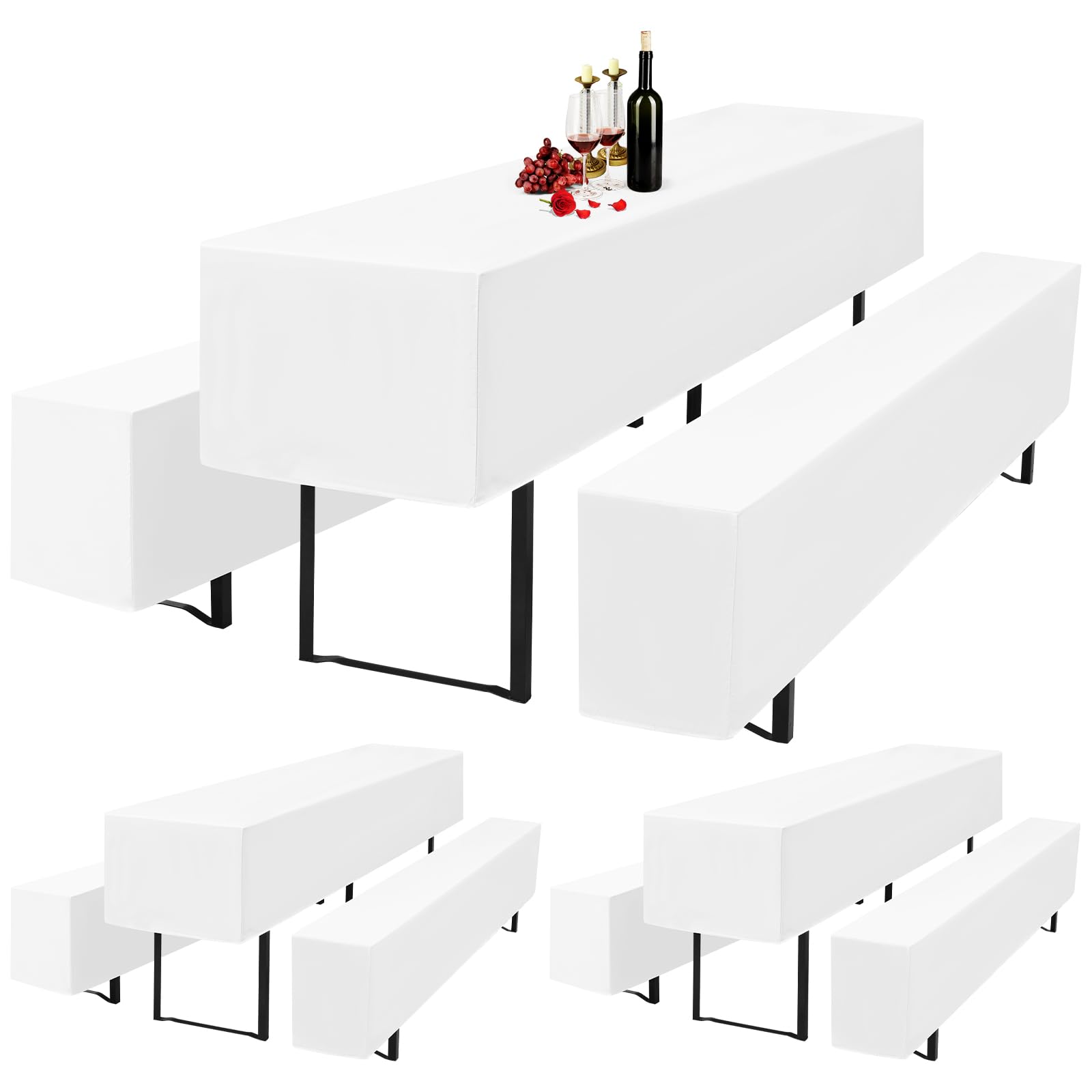 3er Packung 3er Set Weißes Biertischhussen und Bankhussen-Set, 3 weiß Biertischhussen und 6 weiß Bankhussen Set für 50cm Tischbreite,Bierzeltgarnitur 220 x 50 x 35 cm für Bankette im Freien (Weiß)