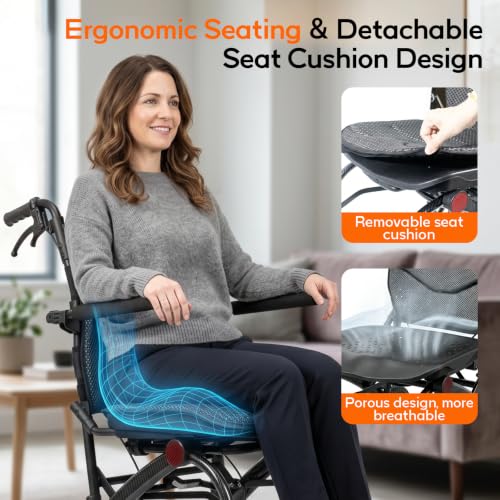 Image of SOFTFISH Transport Wheelchair with Ergonomic Seat & Pull Rod, 1s Foot-fold Wheelchairs for Adults with Foldable Armrest & Footrest, Carbon Fiber Aluminum Frame Travel Transport Chair for Seniors