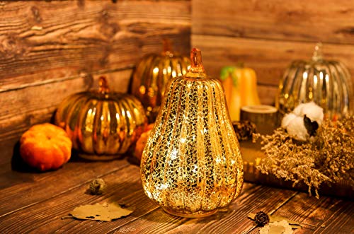 Image of Romingo Mercury Glass Pumpkin Light with Timer for Halloween Pumpkin Decorations Fall and Thanksgiving Decor,Gold, 8.7 inches