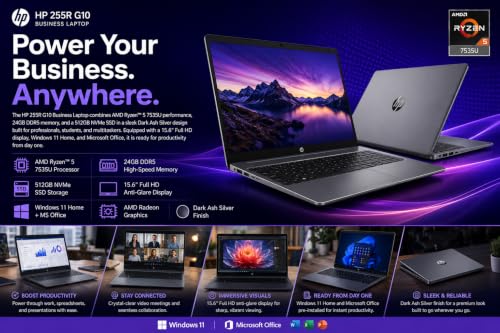 Image of HP 255R G10 Business Laptop | AMD Ryzen 5 7535U | 15.6 inch FHD Display | 24GB DDR5 RAM | 512GB NVMe SSD | Windows 11 Home | MS Office | AMD Radeon Graphics | Dark Ash Silver | 1 Year Warranty