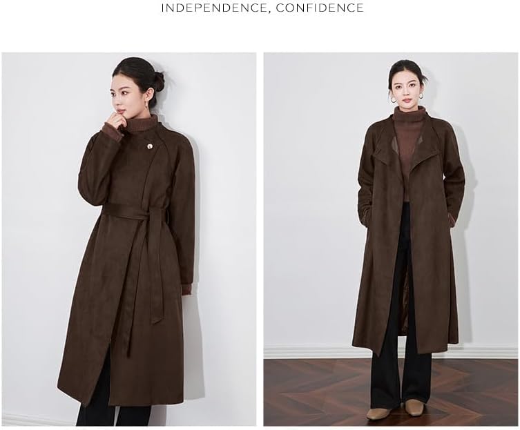 utcoco Womens Faux Suede Long Trench Coat Open Front Leather Trench Overcoat with Belt - Image 5