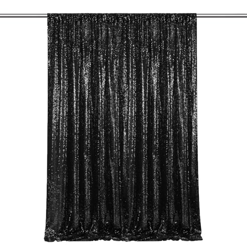 Image of Black Sequin Backdrop Curtains-1 Panel 5FTx8FT Black Backdrop for Wedding, Glitter Party Decorations Background Drapes for Birthday Party Anniversary Graduation Photo Booth Decor