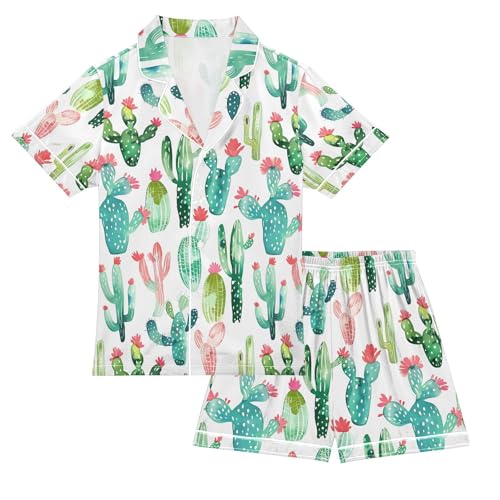 ALAZA Green Cactus Blossom Leaf Pajamas Satin Pajama Set Short Sleeve Button Down Sleepwear