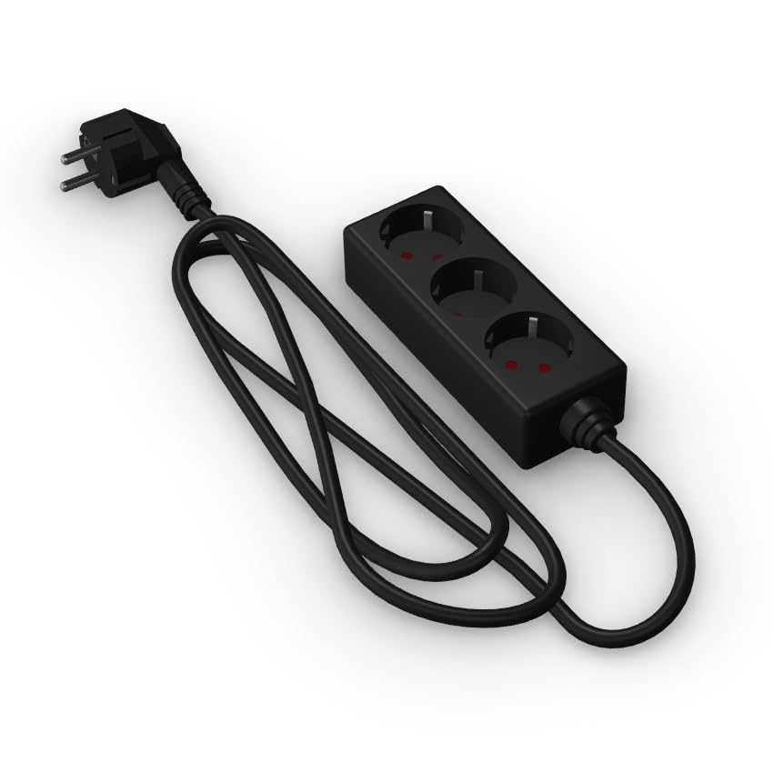 Regleta de 3 vías sin Interruptor, 3 m, 3G, 1,5 mm² Negra, Ideal para conectar múltiples Dispositivos eléctricos.