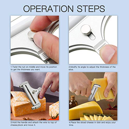 2 Pieces Cheese Slicer Set, Stainless Steel Wire Cheese Slicer with Cheese Plane tool,Adjustable Thickness Cheese Cutter for Soft, Semi-Hard, Hard Cheeses Kitchen Cooking Tool, Grey