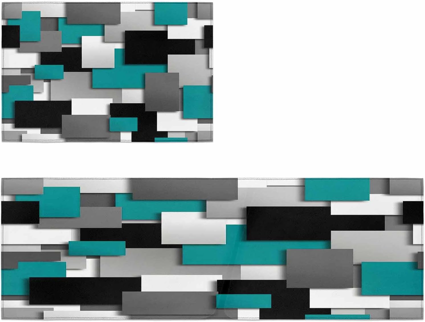 Kitchen Runner Rug, Abstract Teal Black Gray White Square Non Slip Runner Carpet Door Mats Floor Mat for Laundry Bedside Bathroom Bedroom Set of 2 Modern Geometric Art