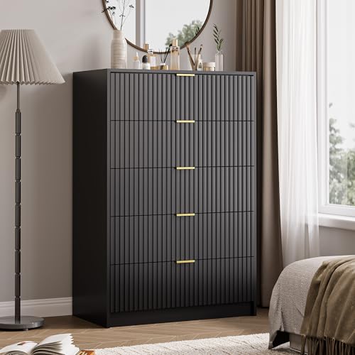 Image of MAISONARIA 5 Drawer Dresser for Bedroom, Tall Dresser Chest of Drawers with Gold Handles, 32 Inch Wide Nightstand with for Bedroom, Living Rooms, Offices, and Entryways, Black