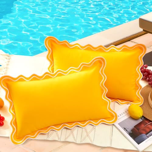 12x20 Yellow Scalloped Outdoor Lumbar Pillow Covers Waterproof & Sunproof Set of 2 Embroidered Yellow Summer Decorative Ourdoor Lumbar Throw Pillows for Couch Patio Furniture and Porch Decor