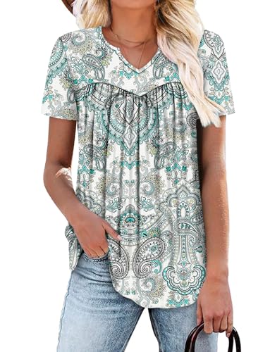 KISSMODA Tops for Womens Summer Cute Short Sleeve Shirts Trendy Notched Neck Blouses Casual Loose Pleated Tunics S-3Xl