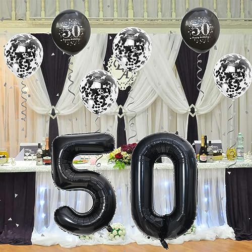 Image of 50th Birthday Balloons, 50th Birthday Decorations for Women with Black Birthday Print Confetti Balloons Latex Metallic Balloons 40 Inch Foil Number 50th Balloons for Men 50th Birthday Party Decor