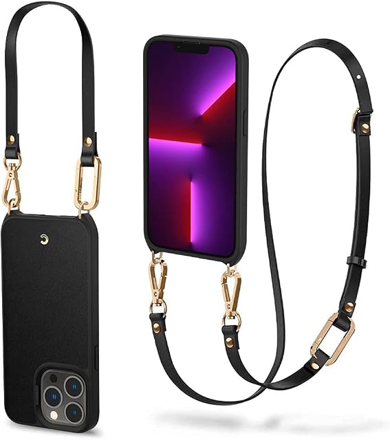 CYRILL Classic Charm [Crossbody Case] Compatible with iPhone 13 Pro 2021, PU Leather with Shockproof TPU Bumper Case with Adjustable Cord for iPhone 13 Pro 6.1" (2021) - Black
