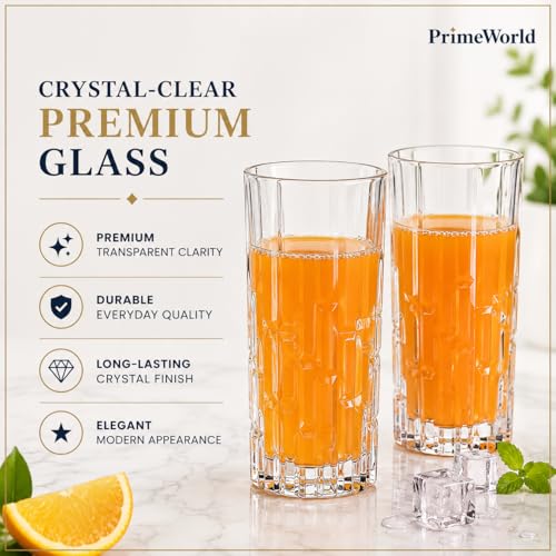 Image of PrimeWorld Italian Premium Water & Juice Glasses Set of 6-300ml | Transparent 3D Brick Design Crystal Highball Glasses for Water, Juice, Milk, Lassi & Cocktails