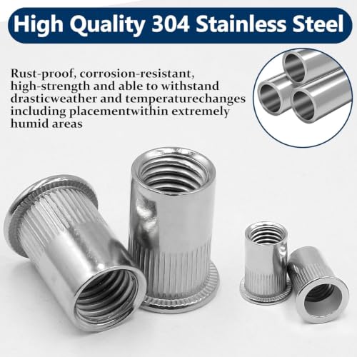 Image of Epi-Torque Stainless Steel 304 Grade Flat Head Threaded Insert Rivet Nut Assortment Kit (M3 M4 M5 M6 M8 M10) with Storage Box - 101 Pieces