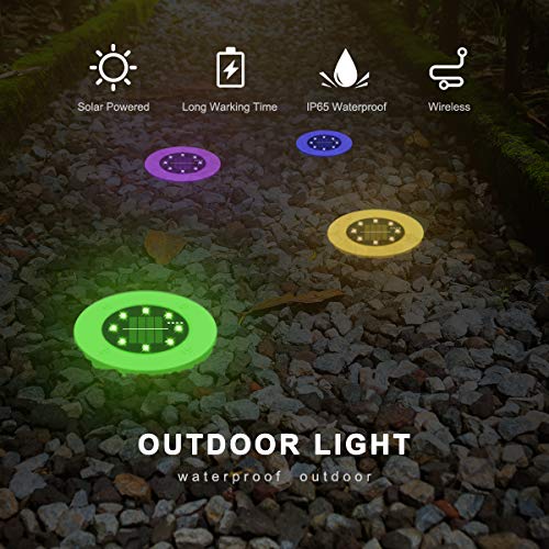 Solar Ground Lights Outdoor 4 Pack, 8 LED Colored Solar Disk Garden Lights Waterproof Inground Landscape Lighting for Yard Deck Lawn Patio Pathway Walkway Driveway with Multiple Changing Colors