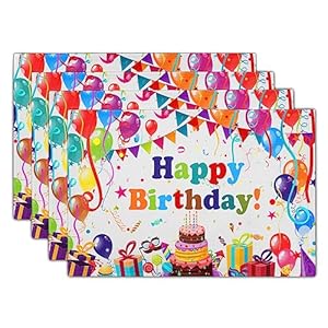 Giwawa Happy Birthday Placemats Bithday Cake Gifts Decorative Table Mat Set of 4 Colored Flags Balloons Confetti Place Mats 12×18 for Kitchen Dining Party Heat Resistant Washable Non Slip