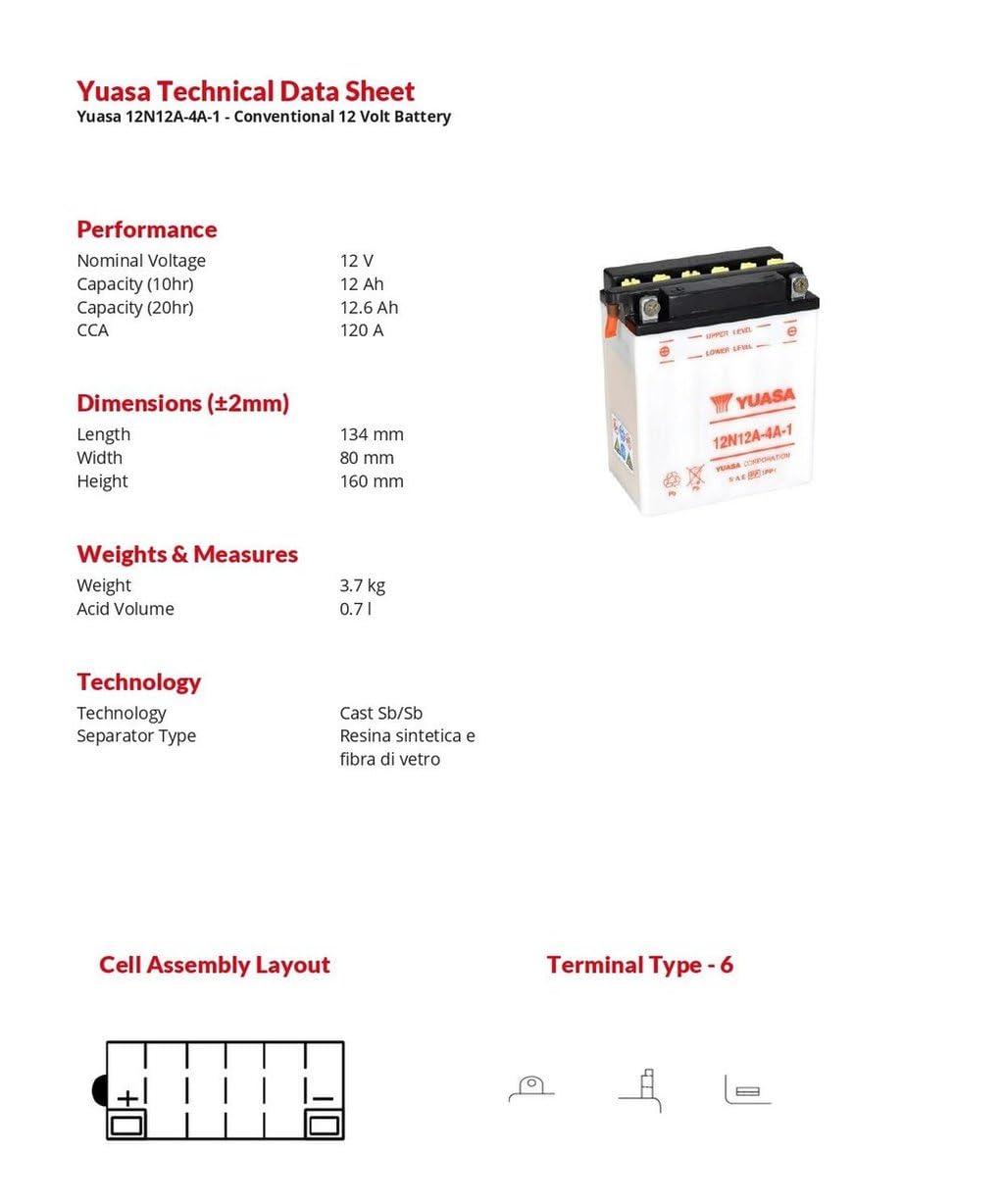 YUASA 12N12A-4A-1 Batterie de Moto, Noir | Types équivalents YB12A-A, 6S3P; 134 × 80 × 160 millimètres, 120 ampères de démarrage à froid, 0,7 litre, dégazage à gauche