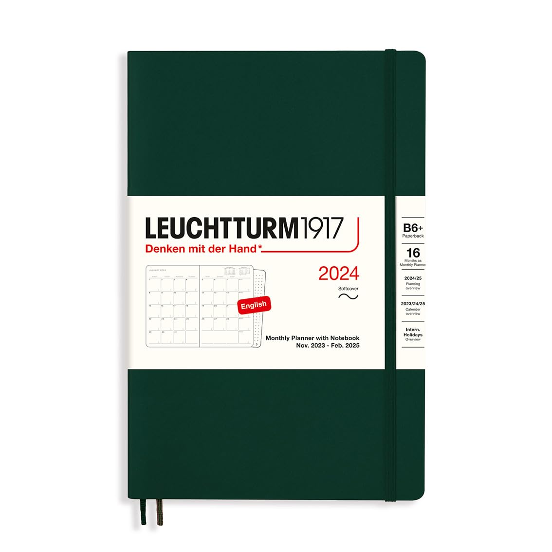 LEUCHTTURM1917 367573 Monthly Planner & Notebook Paperback (B6+) 2024, 16 Months, Softcover, Forest Green, English