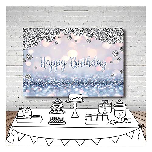 Silver And White Blue Bokeh Shiny Happy Birthday Party Photography Background Shining Diamonds Backdrops For Women Girls Kids Party Cake Table Decoration Banner 7X5Ft #TOP1