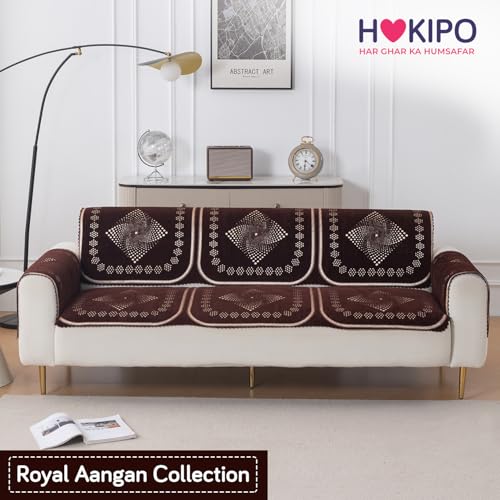 Image of HOKIPO Sheesh Brown Premium Chenille Jacquard Sofa Cover for 3 Seater for Seat & Back, 'Royal Aangan Series' (IN-1008-L5*2)