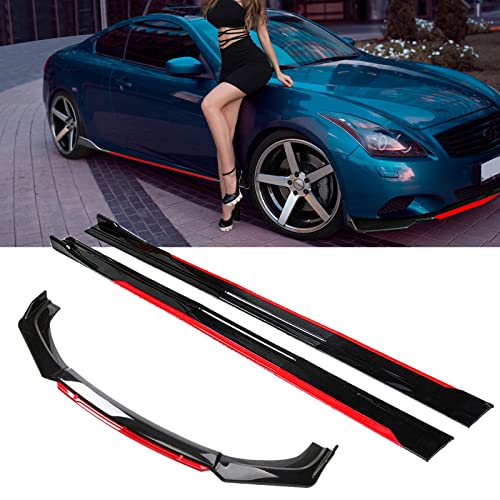 Universal Glossy Black&Red Front Bumper Lip Chin Spoiler Splitter Diffuser Guard Wing Protector Trim Car Body Kit with Glossy Black&Red Side Skirt Fit for Most Vehicles
