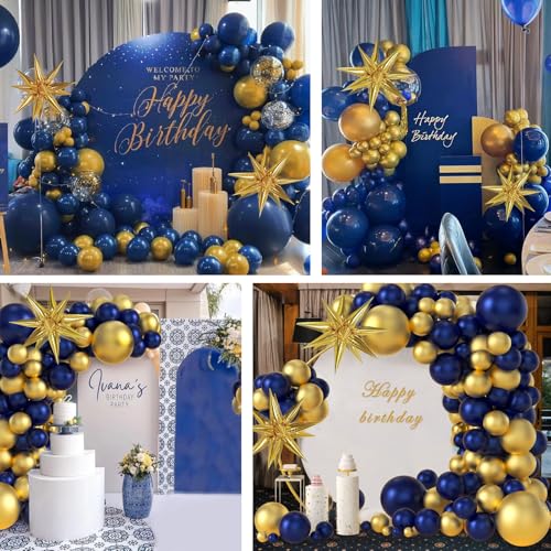 Image of Navy Blue and Gold Balloons Arch Garland Kit, 5 10 12 18 inch Royal Blue Gold Balloons with Explosion Star Balloons 101pcs Balloons for Anniversary Wedding New Year Birthday Party Decorations