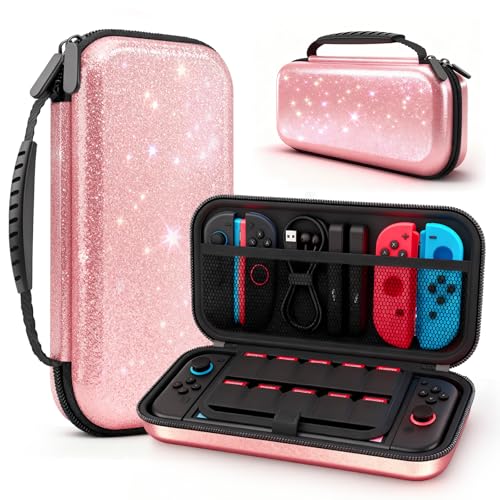 homicozy Carrying Case for Nintendo Switch 2 (2025),Glitter Hard Shell Protective Travel Case with 10 Game Cartridges Storage & Accessories Holders,Portable Shockproof Pouch for Console,Pink