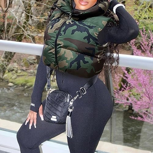 Womens Winter Quilted Vest Camouflage Sleeveless Heated Jacket Outerwear Trendy Drawstring Zip Stand Collar Warm Coat2